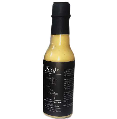 A bottle of J Sizzle's Serrano Scorpion Hot Sauce. Sophisticated packaging containing a bright yellow colored hot sauce made from the freshest seasonal ingredients. Clicking the bottle will take you to the dedicated Serrano Scorpion page where you can add it to your cart.